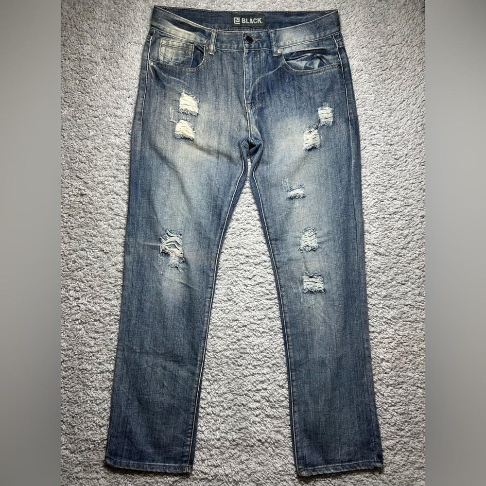 Buckle Black Jeans Mens 32 x 32 Low Rise Slim Straight Distressed Holes Street